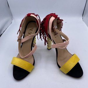 A NUYG Yellow Cross Over Strap Gold Metal Chain Chunky High Heel Tassels Sandal